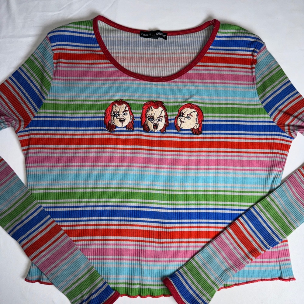 Dolls Kill x Chucky Striped Ribbed Long Sleeve Crop Top Multi Color Size 2X